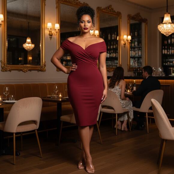 Popilush 2XL Off-Shoulder Ruched Shapewear Midi Dress Burgundy | Formal Party - Picture 1 of 5